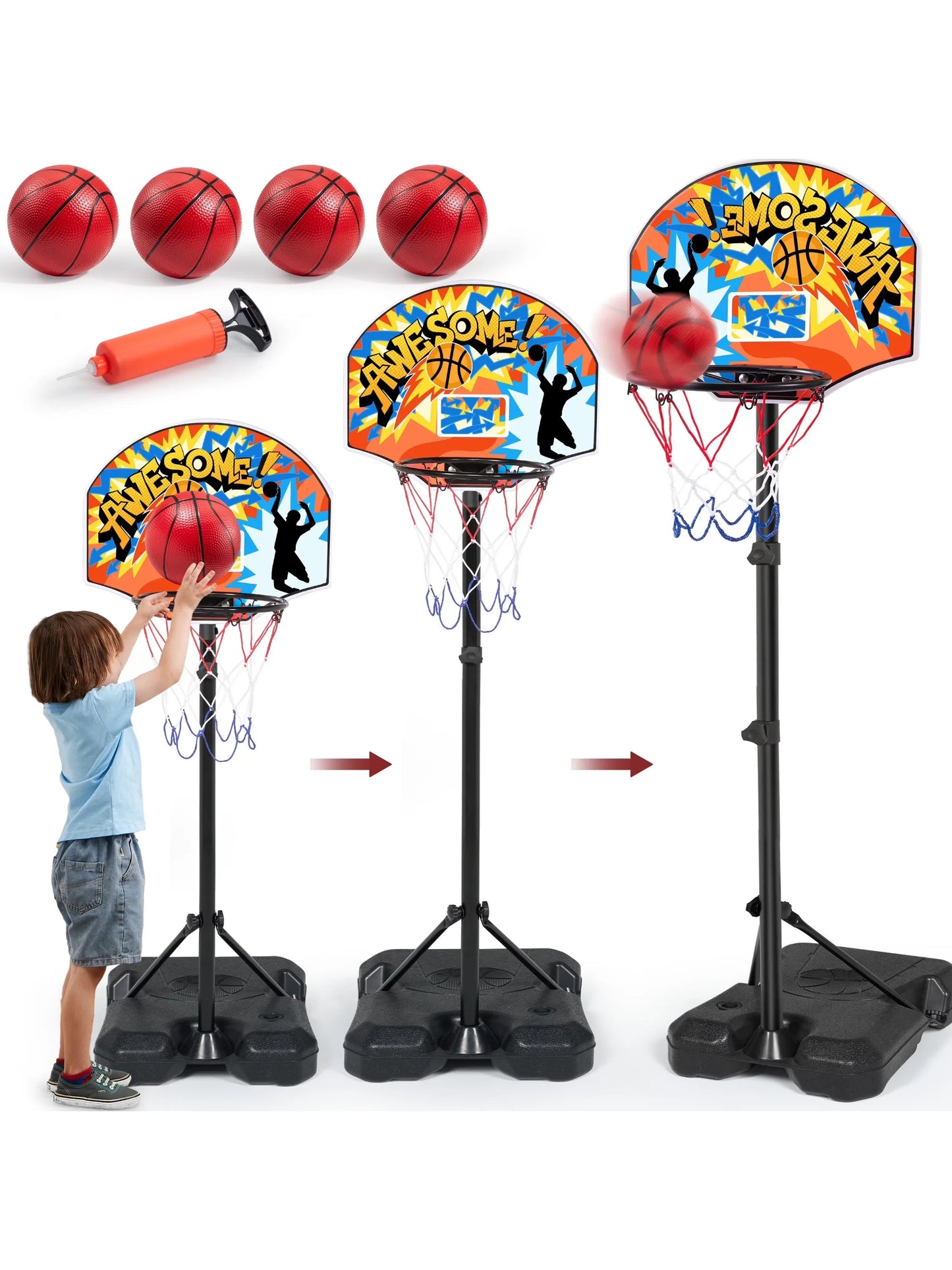 Joyfy Adjustable Kids Basketball Hoop Set with 4 Balls