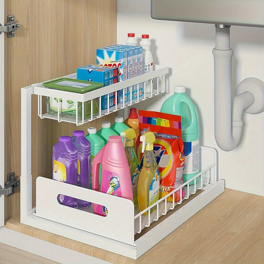 [Sliding Pull-out Cabinet Rack] 1/2pcs Sliding Pull-out Metal Cabinet Sorting Rack | Lower Sink Kitchen Storage, For Kitchen Bat