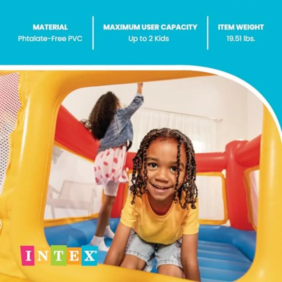 Inflatable Jump-O-Lene Trampoline Bounce House for backyard use PVC material blue and red color features crawl-thru door and sa