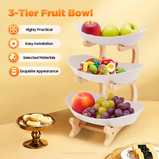 3-Tier Fruit Plate Snack & Dessert Tray with Bamboo Wood Stand