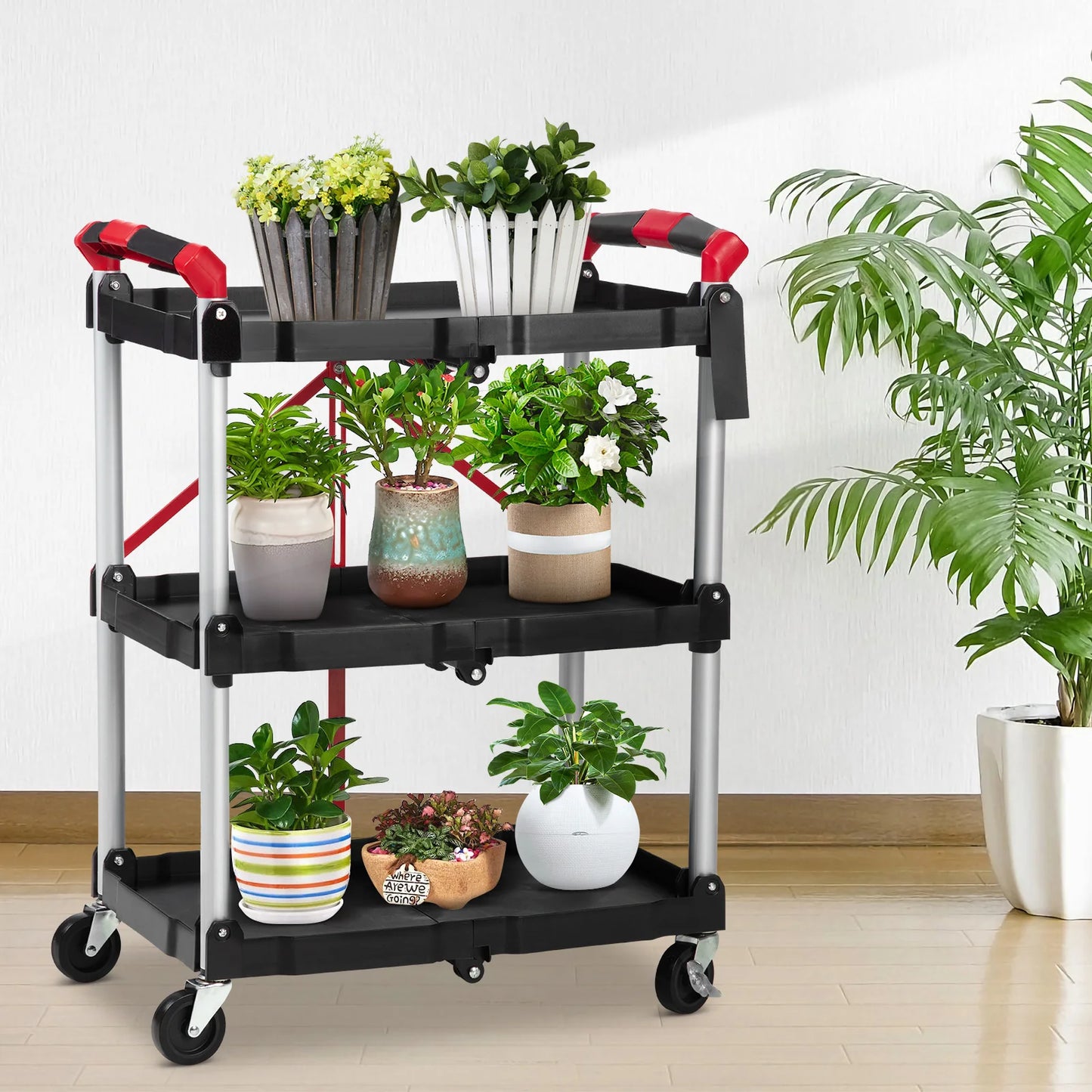 Twister.Ck 3 Tier Foldable Utility Rolling Cart With Lockable Wheels