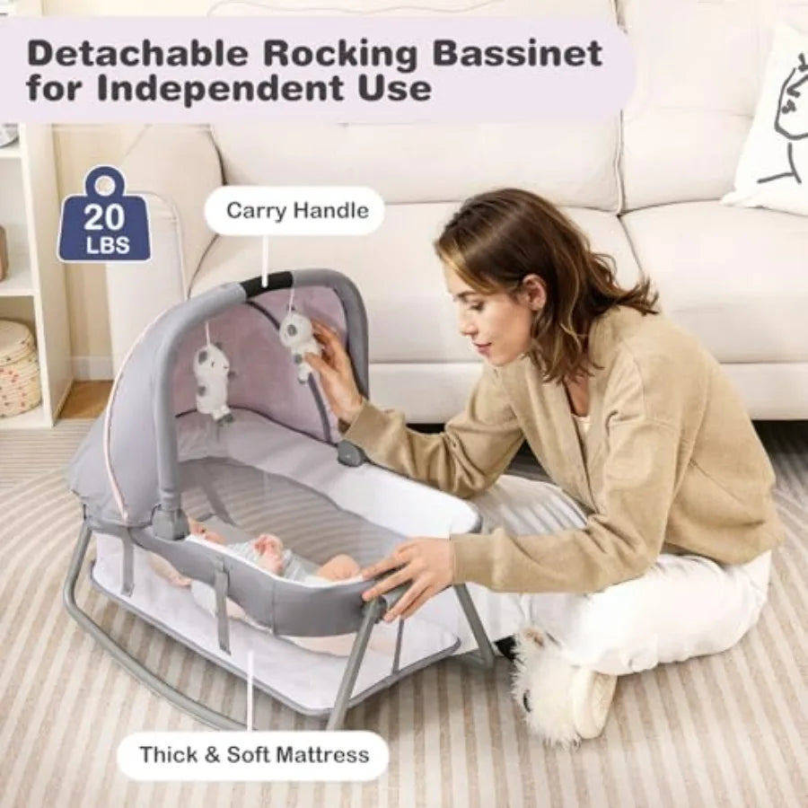 5 in 1 Pack and Play Portable Baby Playard with Bassinet Diaper Changing Table Infant Pink Bassinet Crib with Toys Music Ox Ba