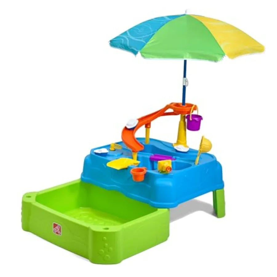 Outdoor Summer Water Playset for 18 Months+ Two-Tier Water Table with Umbrella Garden Hose Sprinkler 11 Accessories Blue Sensor