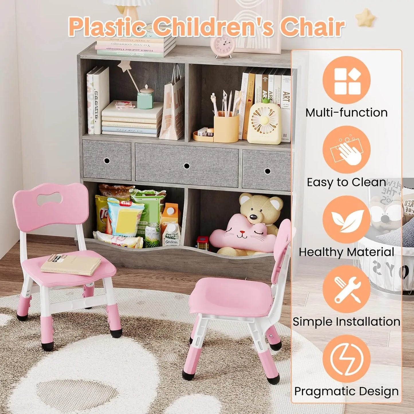 2-Pack Adjustable Kids Chairs 3-Level Height Toddler Chair Ergonomic Plastic Indoor/Outdoor Chair for Age 2-8,Non-Slip Stackable