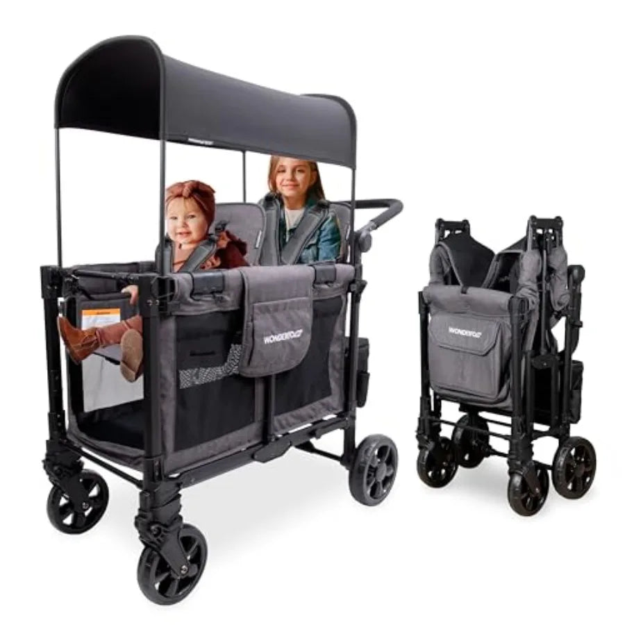 WonderFold W2 Elite Pro Stroller Wagon - Foldable Wagon with Aluminum Frame - Adjustable Canopy Push Handle - All-Terrain Wheel