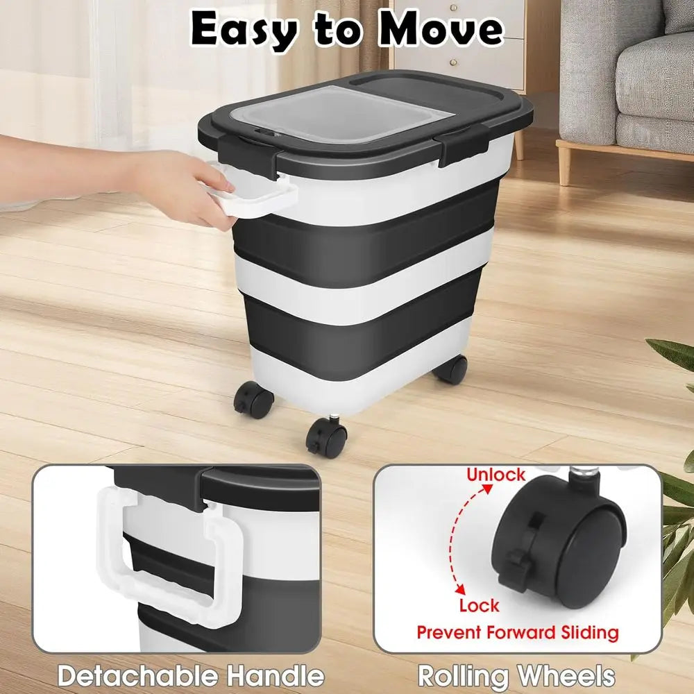 Large Collapsible Pet Food Storage Container with Airtight Lid, Wheels, Handle, and Measuring Cup for Dogs and Cats (Black)