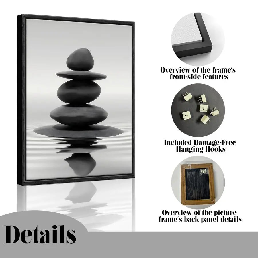 Framed Zen Stone Wall Art for Bathroom and Meditation