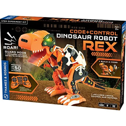 STEM education kit for ages 8+: build and program a T. Rex robot with sensor, motor, lights, sounds; no app required; plastic b