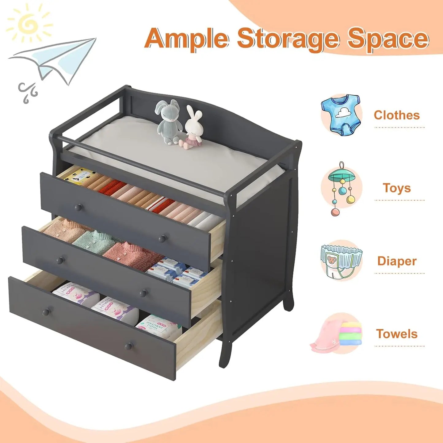HiMiss Wooden 3 Drawers Baby Changing Table With Safety Rails