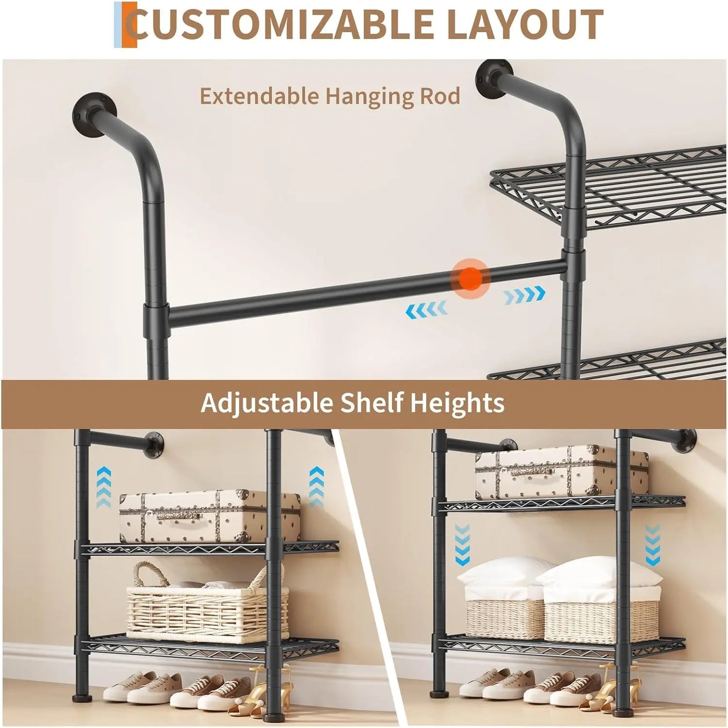 HiMISS 6-Tier Wall Mounted Pipe Closet Rack Heavy Duty