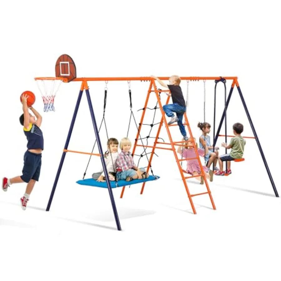 Outdoor Metal Swing Set For Kids, Heavy-Duty Steel Frame 660Lb