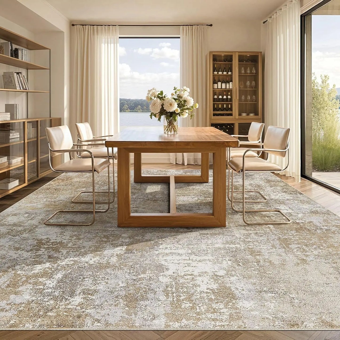 Modern Abstract Neutral Washable Area Rug: Soft Non-Slip Indoor Carpet for Living Room, Bedroom, Dining Room