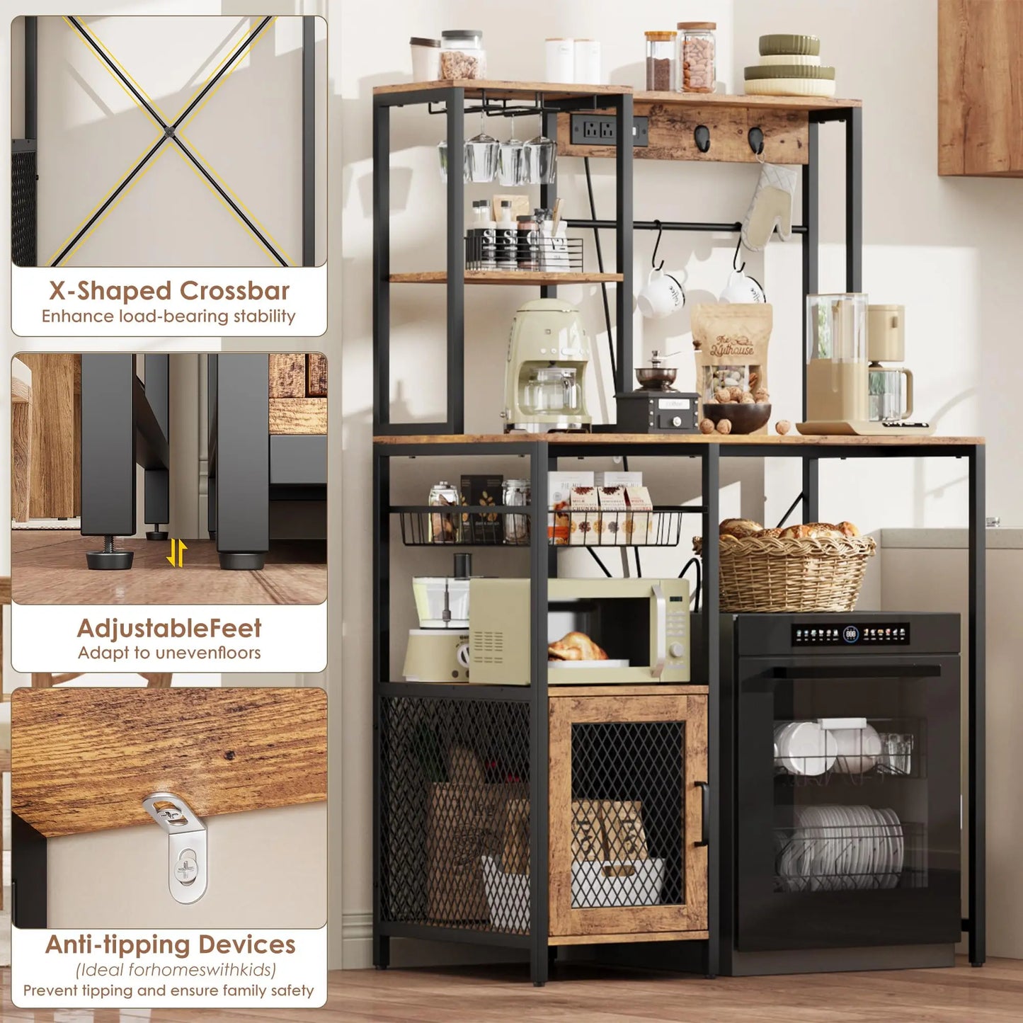 Kitchen Bakers Rack With Power Outlet And Coffee Bar Stand