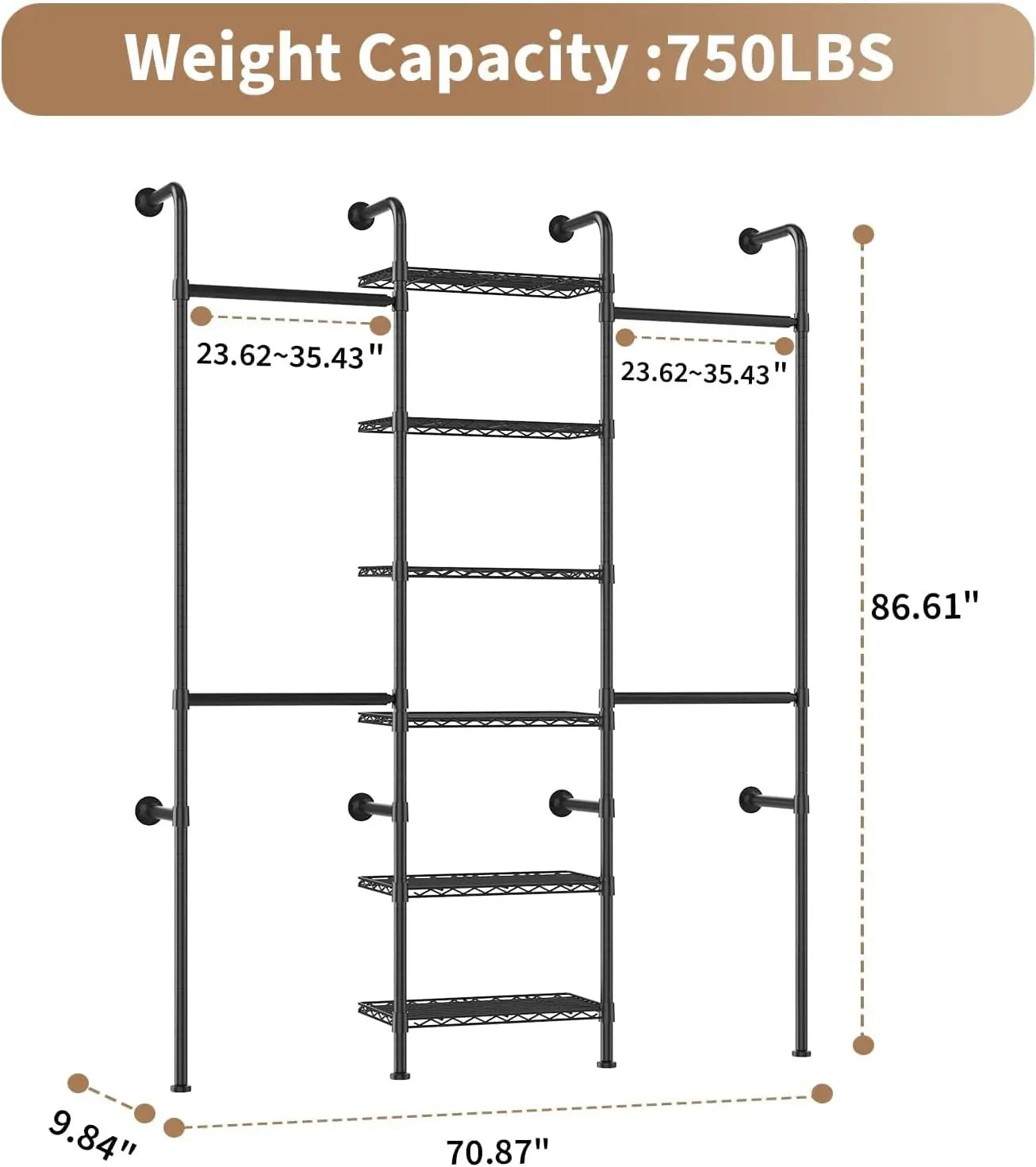 HiMISS 6-Tier Wall Mounted Pipe Closet Rack Heavy Duty