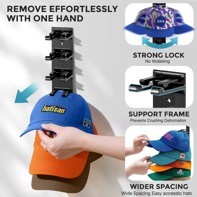 Hat Organizer for Baseball Caps, 2 Pack Hat Racks for Wall Closet Door Hold up to 16 Hats,Hat Holder with Adhesive and 8 Screws