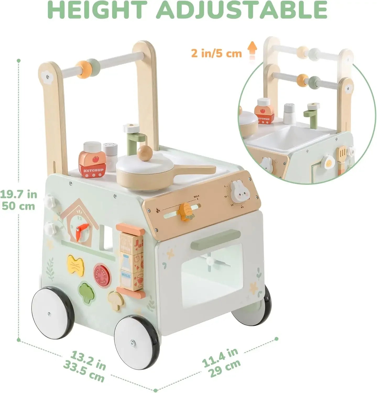 Robud Adjustable Height Wooden Baby Walker Push Toy For Early Walking