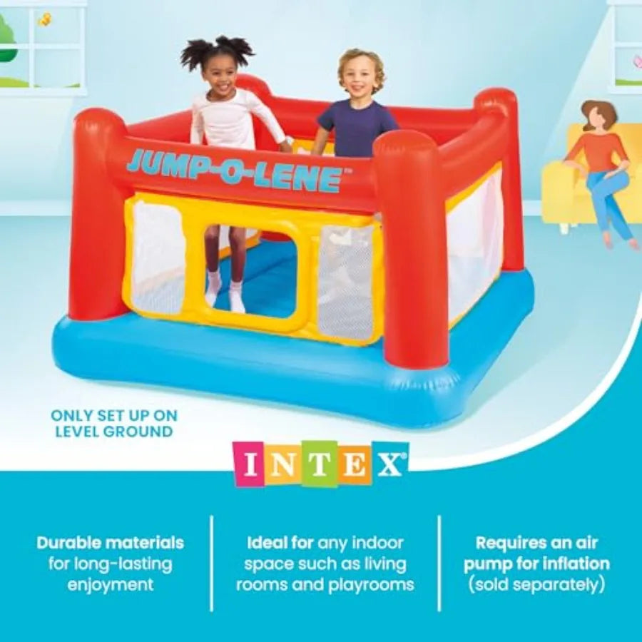 Inflatable Jump-O-Lene Trampoline Bounce House for backyard use PVC material blue and red color features crawl-thru door and sa