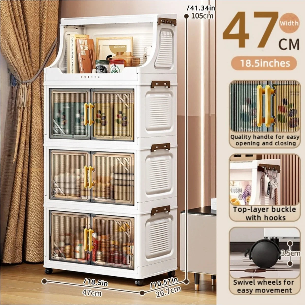 Large Foldable Flip-Top Transparent Storage Cabinet with Wheels, Space-Saving Mobile Home Organizer