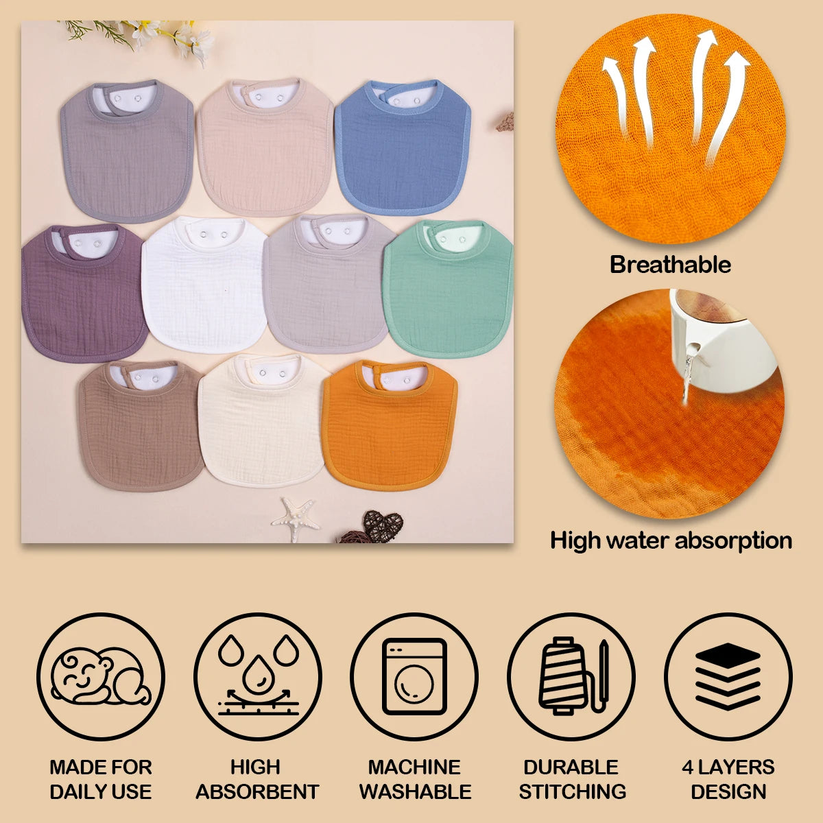 Super Absorbent Muslin Bandana Bibs for Baby with Adjustable Snaps