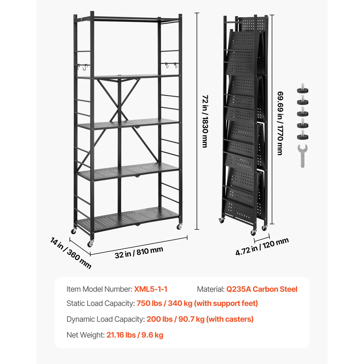 SucceBuy Foldable Metal Storage Shelving Unit With Five Wheels