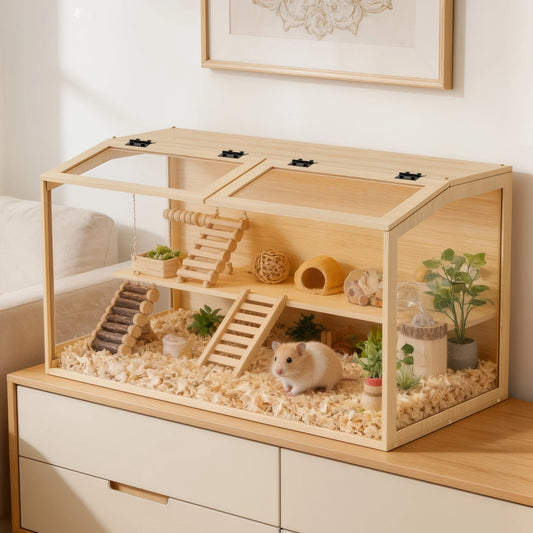 60/80/100/CM Hamster Cage Chewproof Wooden Guinea Pig Cages Habitat House Tempered Glass Panels Built-in LED Light for Small Pets