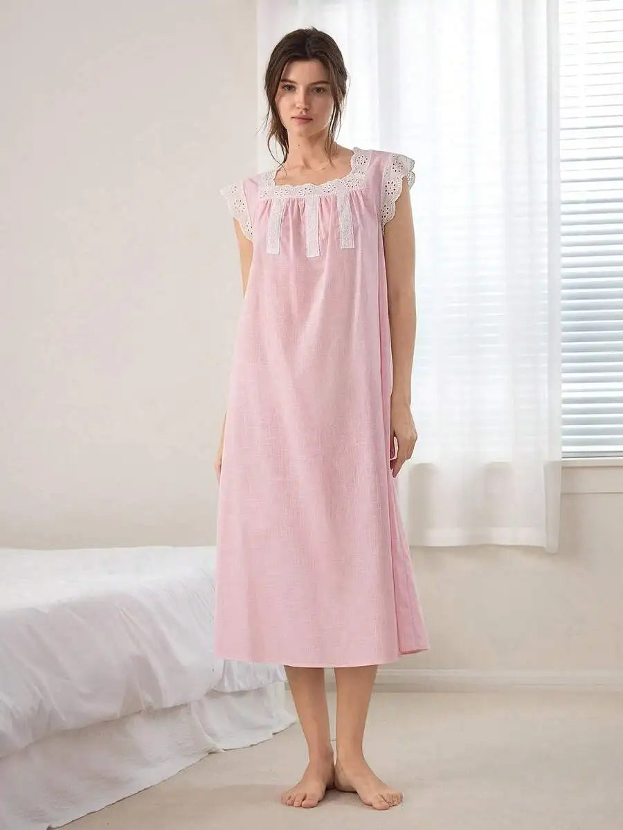 Womens 100% Cotton Lace Trim Nightgown Sleepwear Soft Comfortable