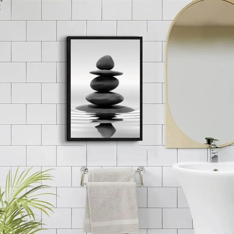 Framed Zen Stone Wall Art for Bathroom and Meditation