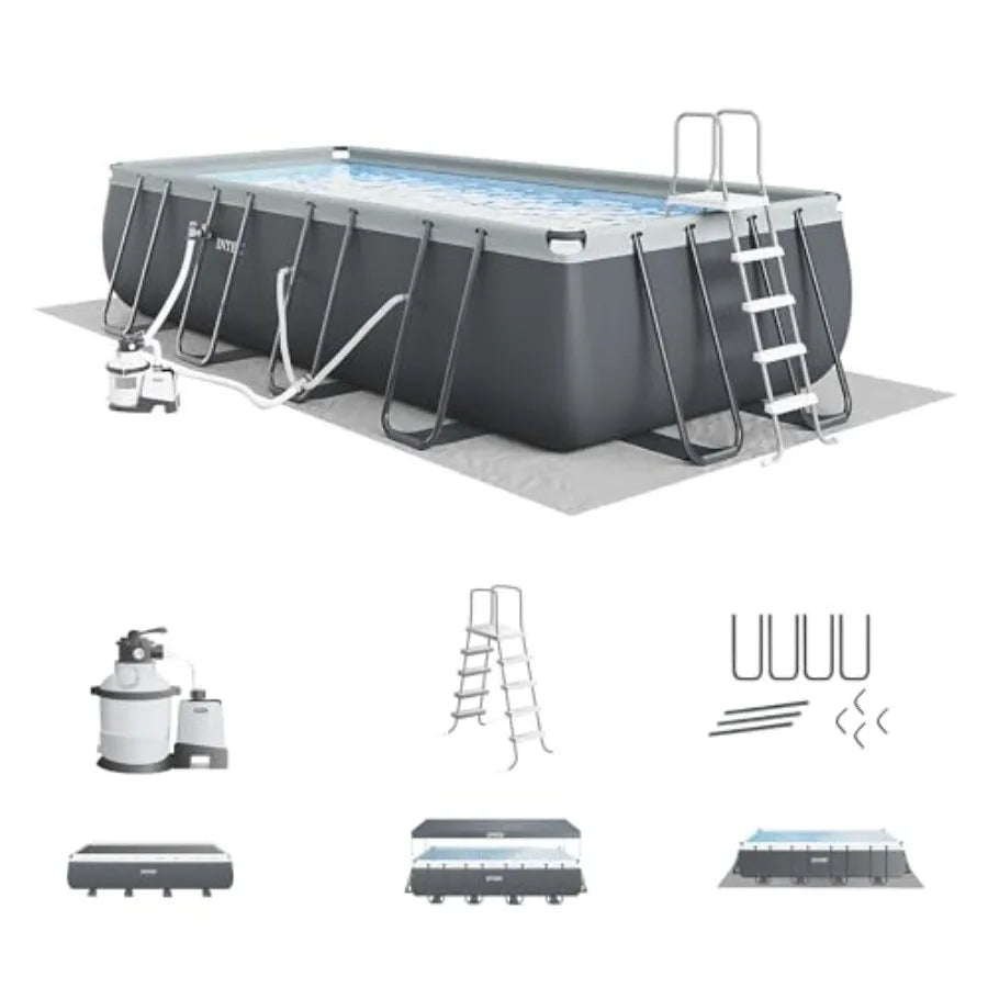 18 ft x 9 ft 52 in Rectangular Above Ground Pool Set with Steel Frame Sand Filter Pump 1500 GPH Ladder Cover Ground Cloth Blue