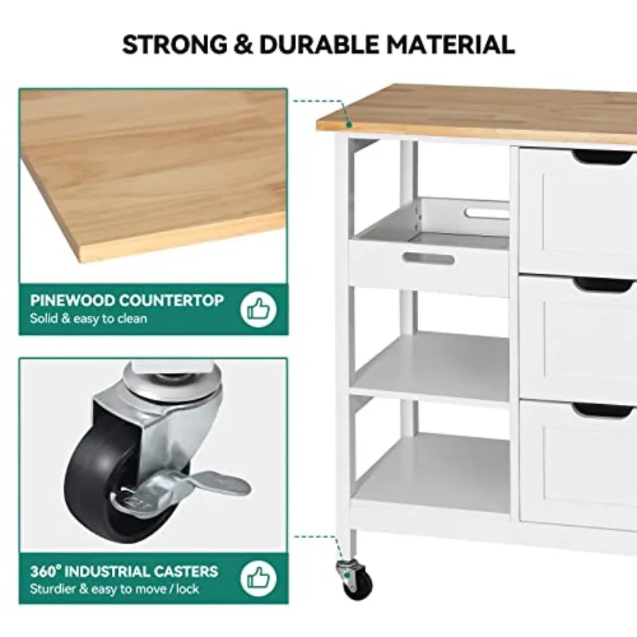 Kitchen island cart for dining room use, solid wood top in oak white finish, with 3-drawer storage and smooth-rolling wheels fo