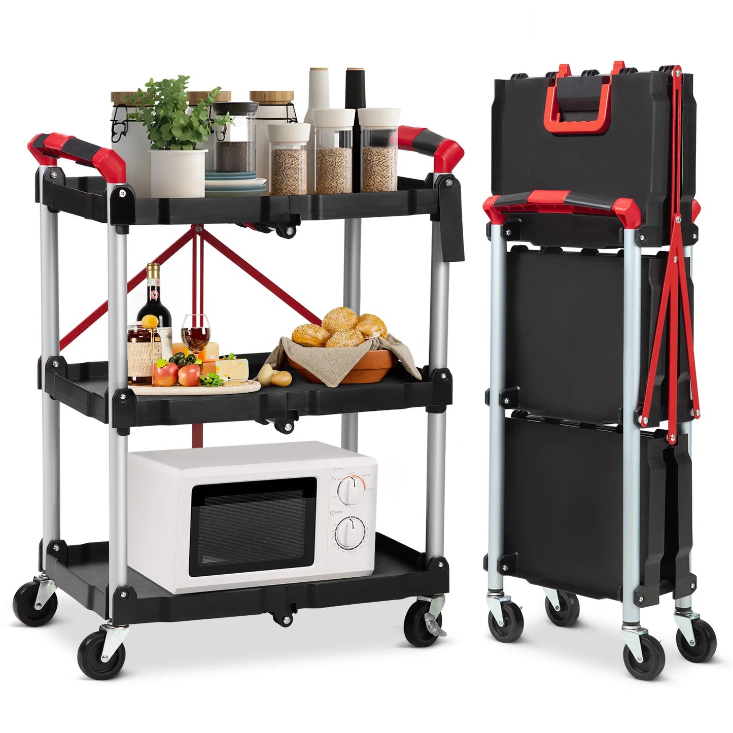 Twister.Ck 3 Tier Foldable Utility Rolling Cart With Lockable Wheels
