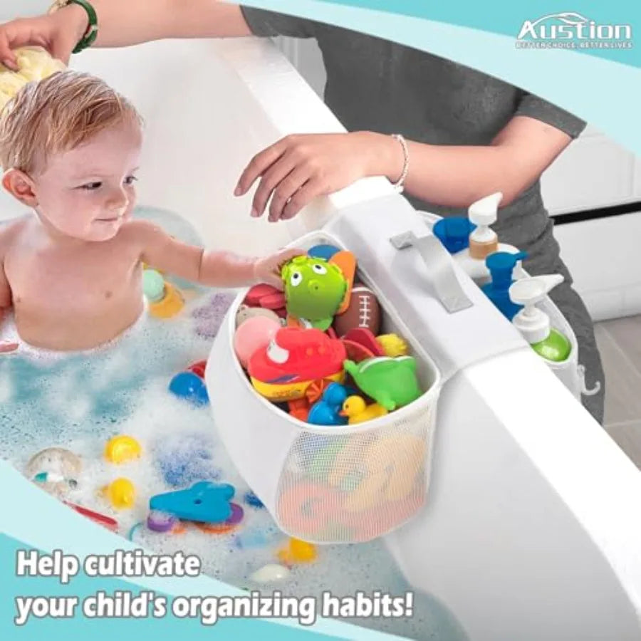 Saddle shape 2 Compartments Bath Toy Organizer, Easy Access for,Wide Opening Bath Toy Holder for Drying Toys and Storage, Mesh