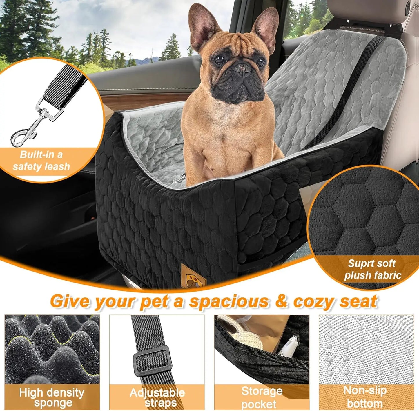 Memory Foam Dog Car Seat for Small/Medium Dogs, Travel Safety Booster with Washable Cover and Storage Pockets, up to 35 lbs