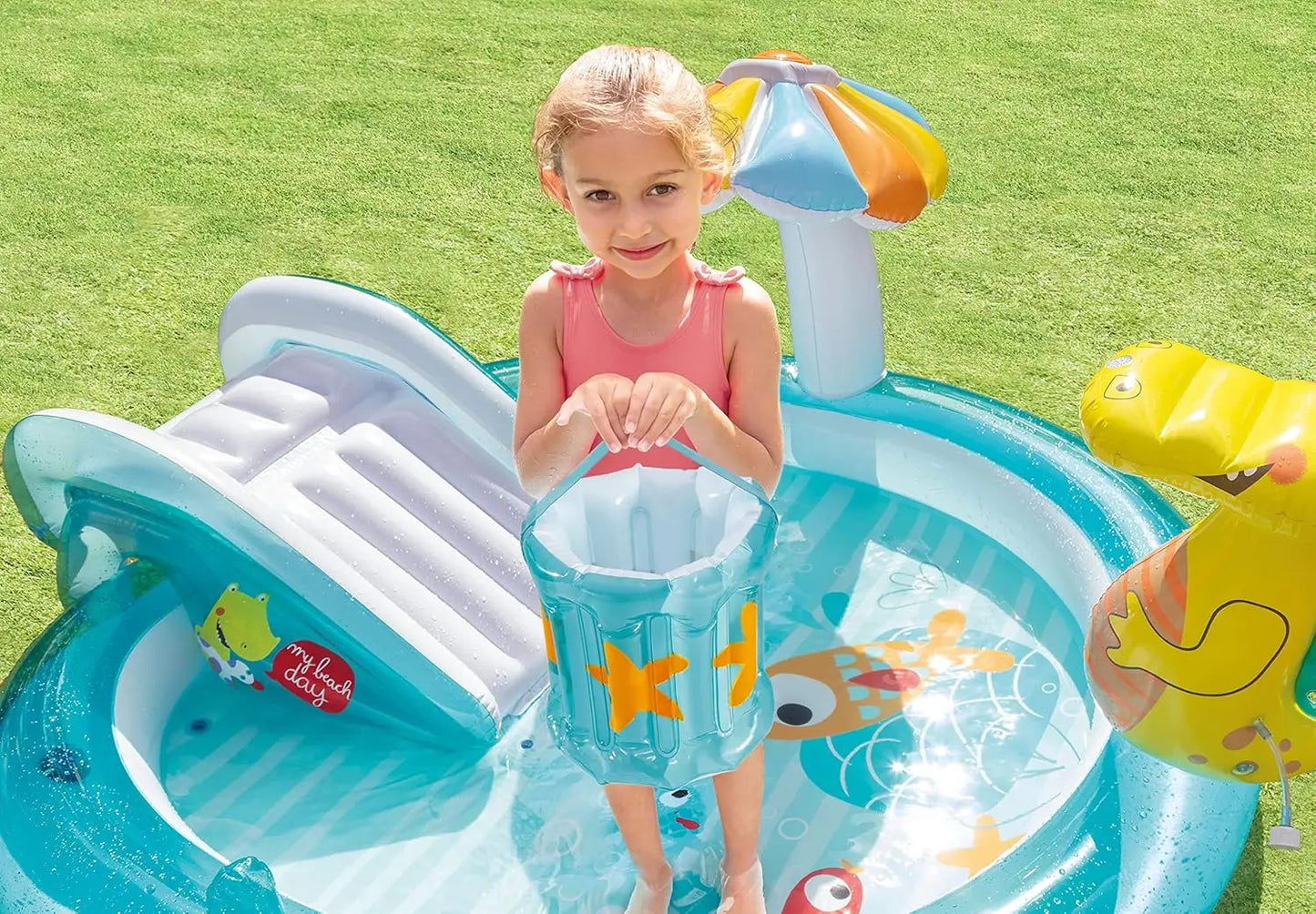 Outdoor Inflatable Kiddie Pool with Slide, Sprinklers & Floatie for Kids Water Play