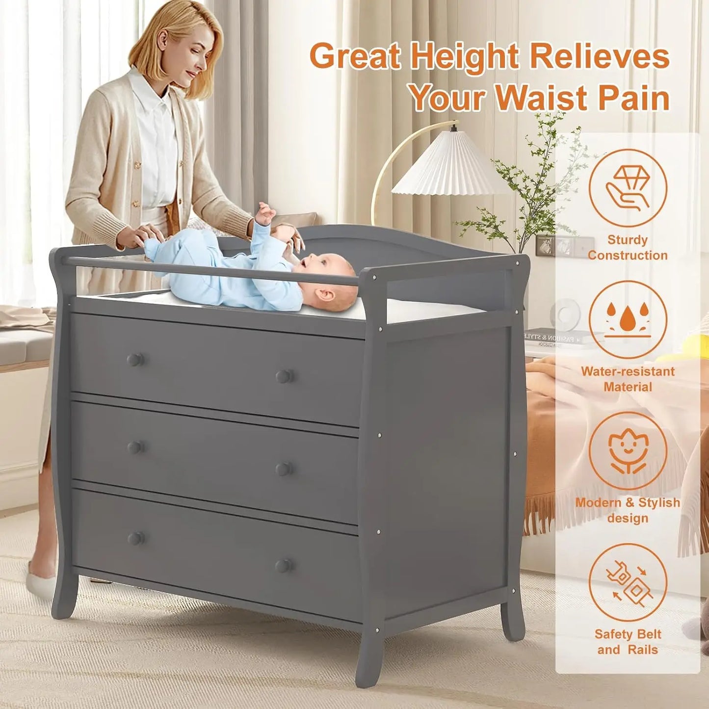 HiMiss Wooden 3 Drawers Baby Changing Table With Safety Rails