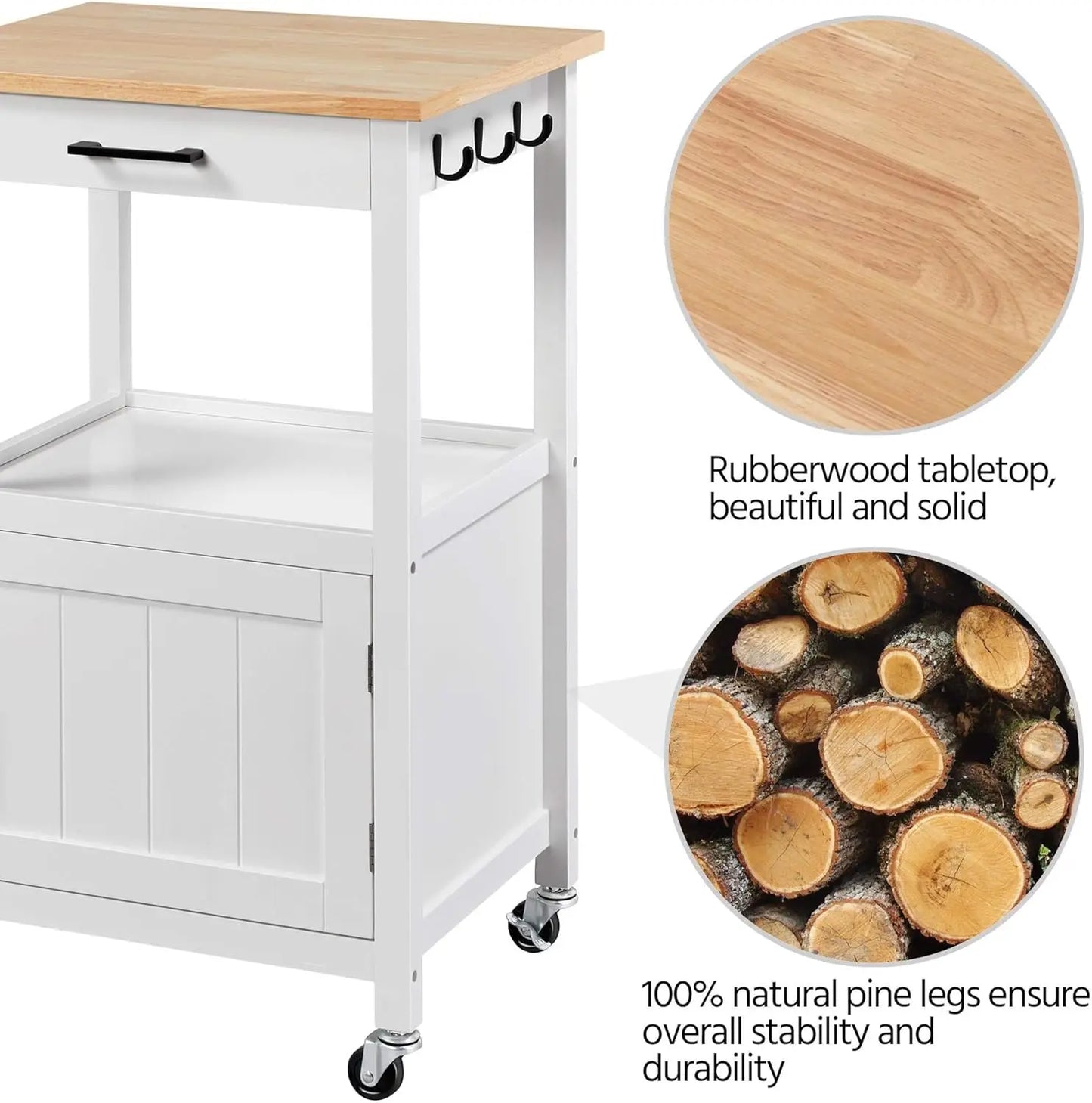 Rolling Kitchen Island Cart with Storage, 6 Hooks, Wood Top, White