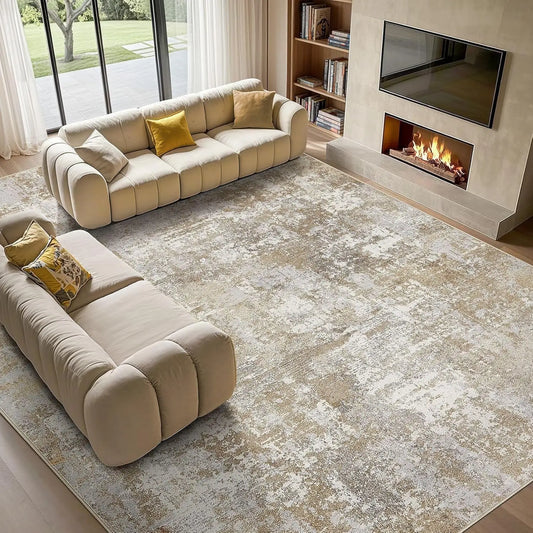 Modern Abstract Neutral Washable Area Rug: Soft Non-Slip Indoor Carpet for Living Room, Bedroom, Dining Room