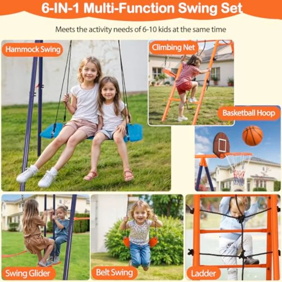Outdoor Metal Swing Set For Kids, Heavy-Duty Steel Frame 660Lb