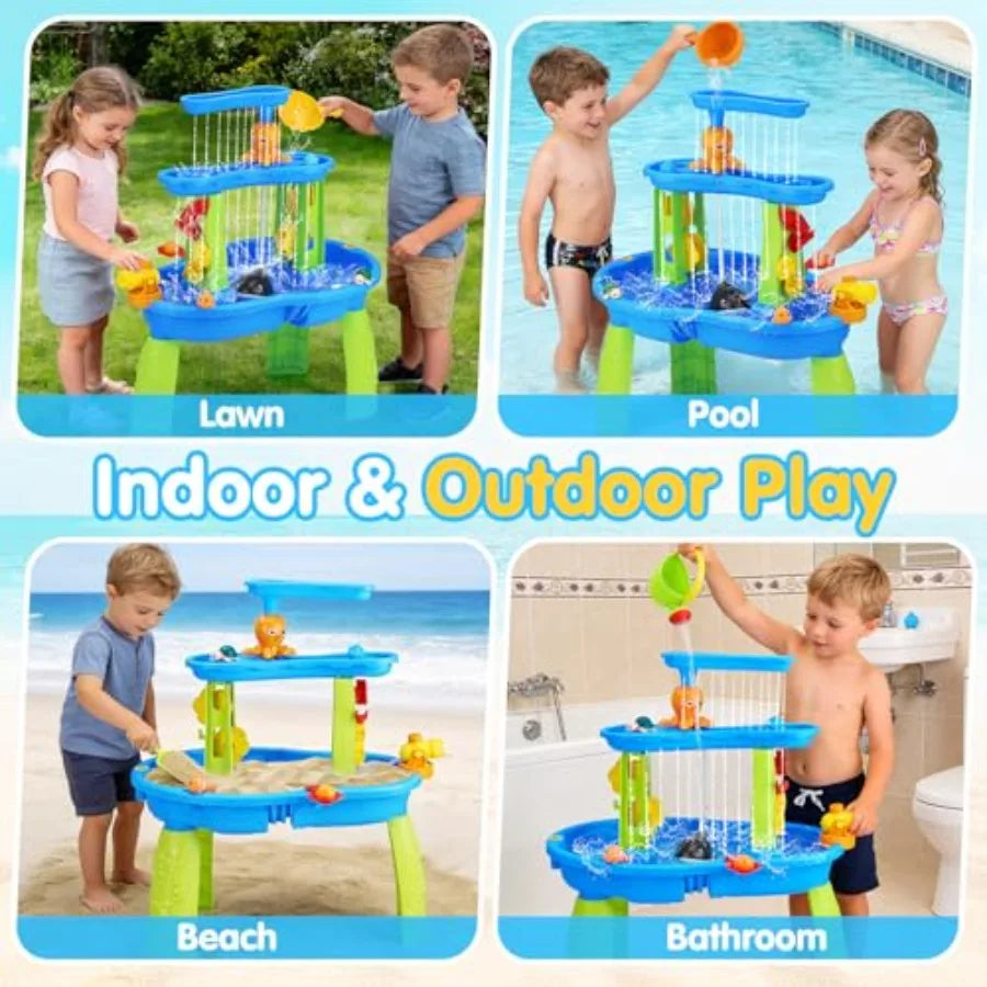 Outdoor 3-Tier Water Table for Toddlers 1-3 3-5 Years Plastic Blue Includes Pump for Sensory Summer Splash Play at Beach Pool B
