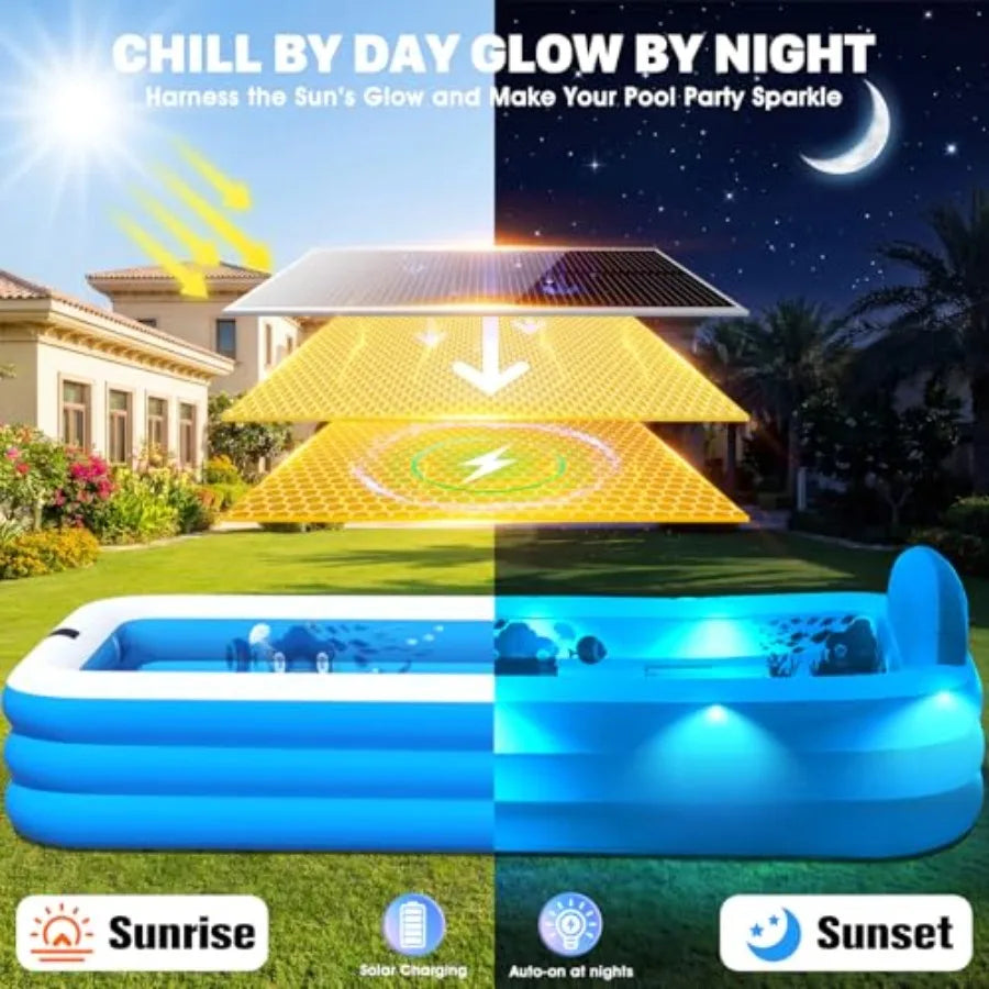 Backyard Inflatable Pool With Solar Powered Lights And Seat