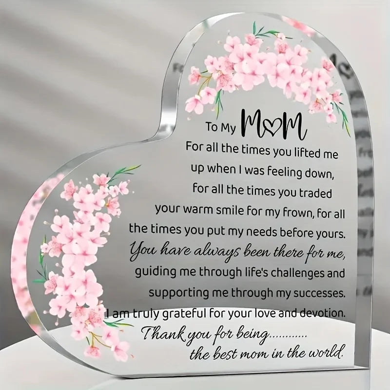 Heart Shaped Acrylic Mom Appreciation Plaque Floral Design Elegant Script