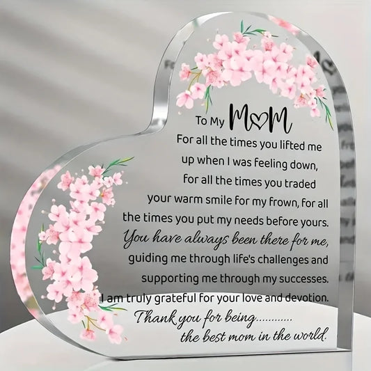 Heart Shaped Acrylic Mom Appreciation Plaque Floral Design Elegant Script
