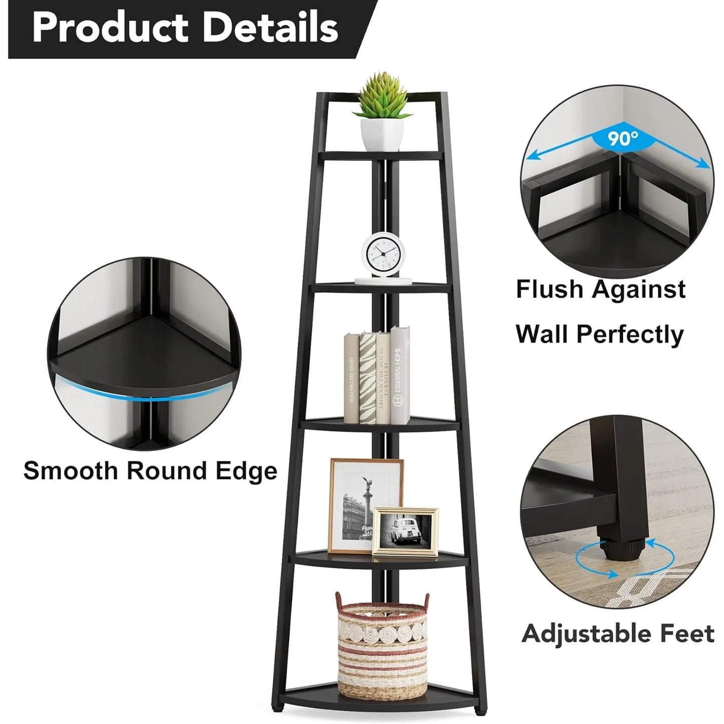 5 Tier Corner  Bookcase, 70 inch Tall Corner Shelves Standing Shelving Unit Indoor Plant Stand for Living Room, Home Office
