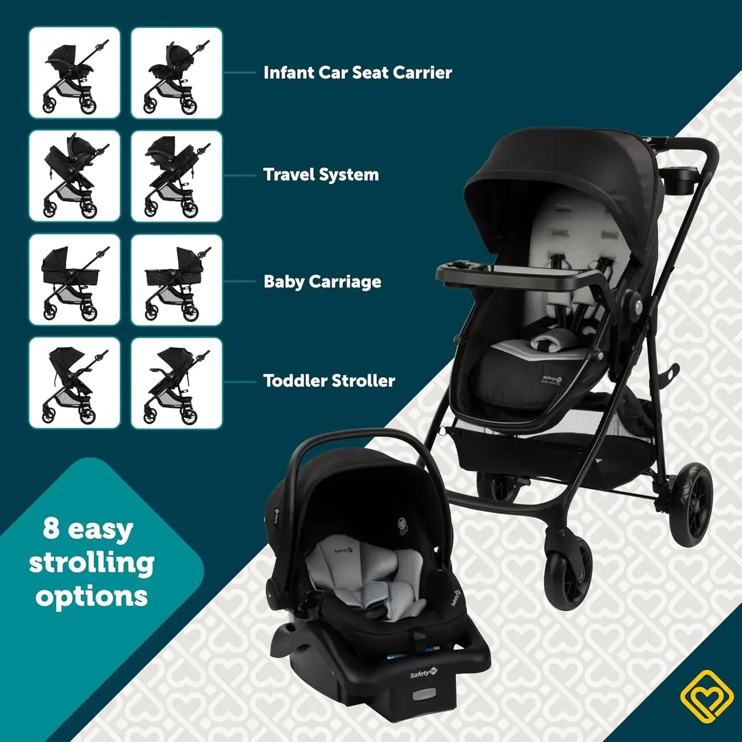 HOT Tools.8-in-1 Car Seat Stroller Combo, Baby Stroller Travel Systems for Infants 4-30 lbs, Stroller and Carseat Combo Set, Orc