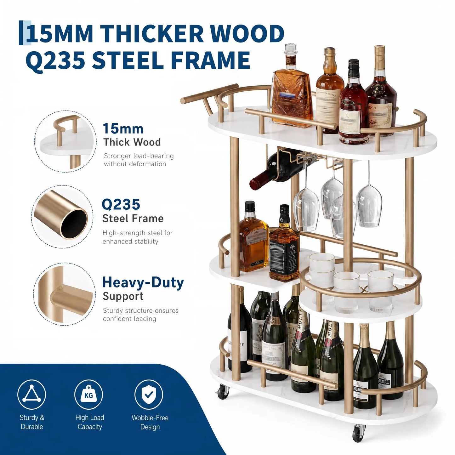 HiMISS Three Tier Metal Rolling Cart With Wine Rack