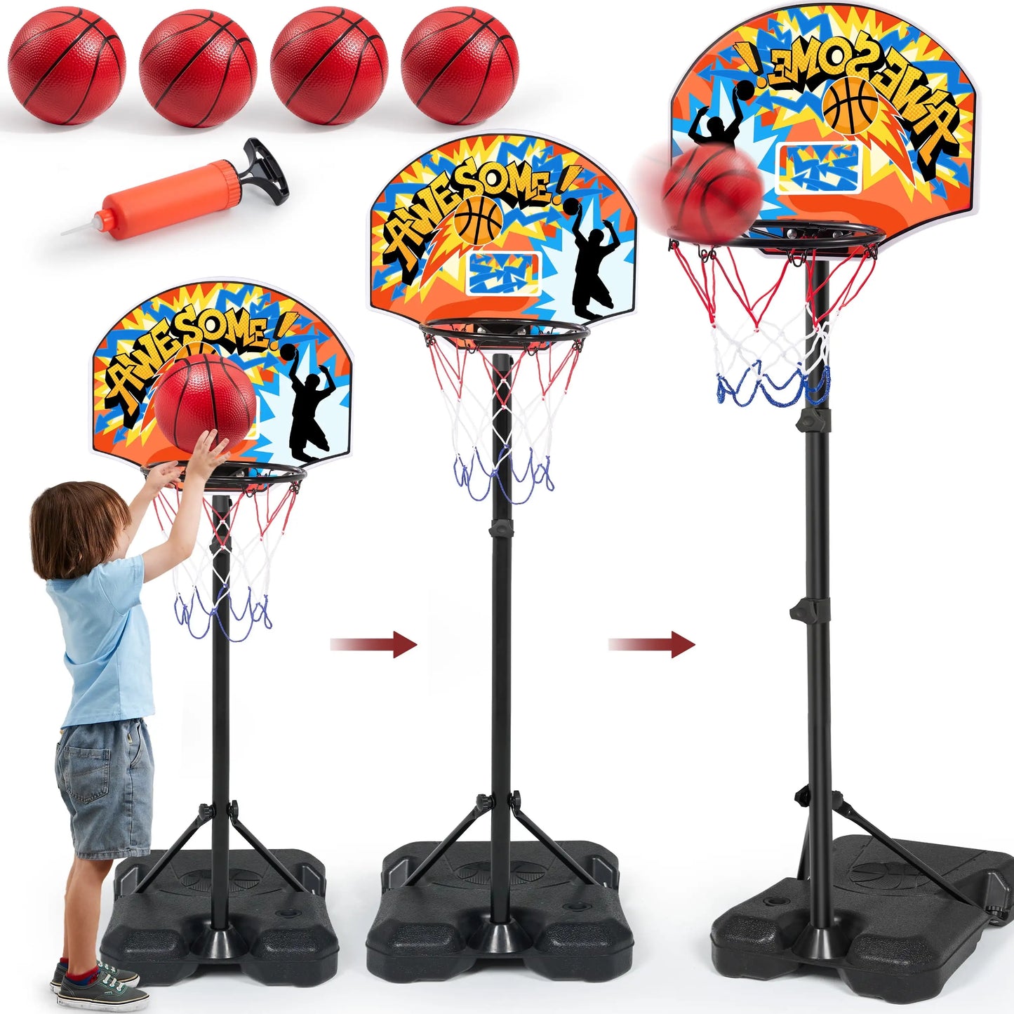 Joyfy Adjustable Kids Basketball Hoop Set with 4 Balls