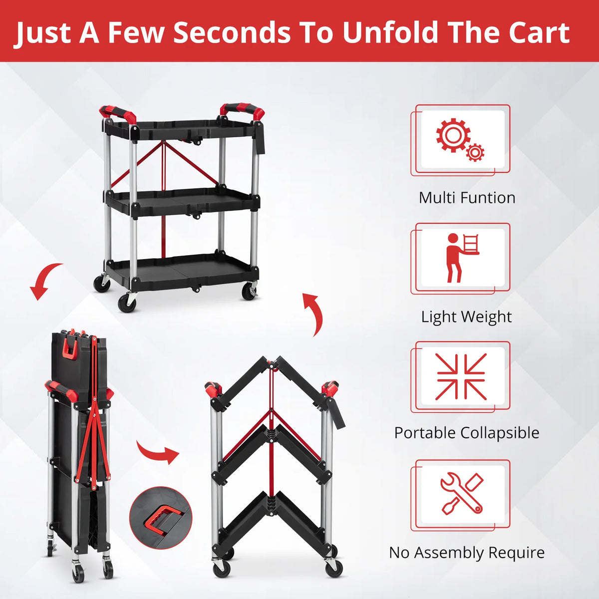 Twister.Ck 3 Tier Foldable Utility Rolling Cart With Lockable Wheels