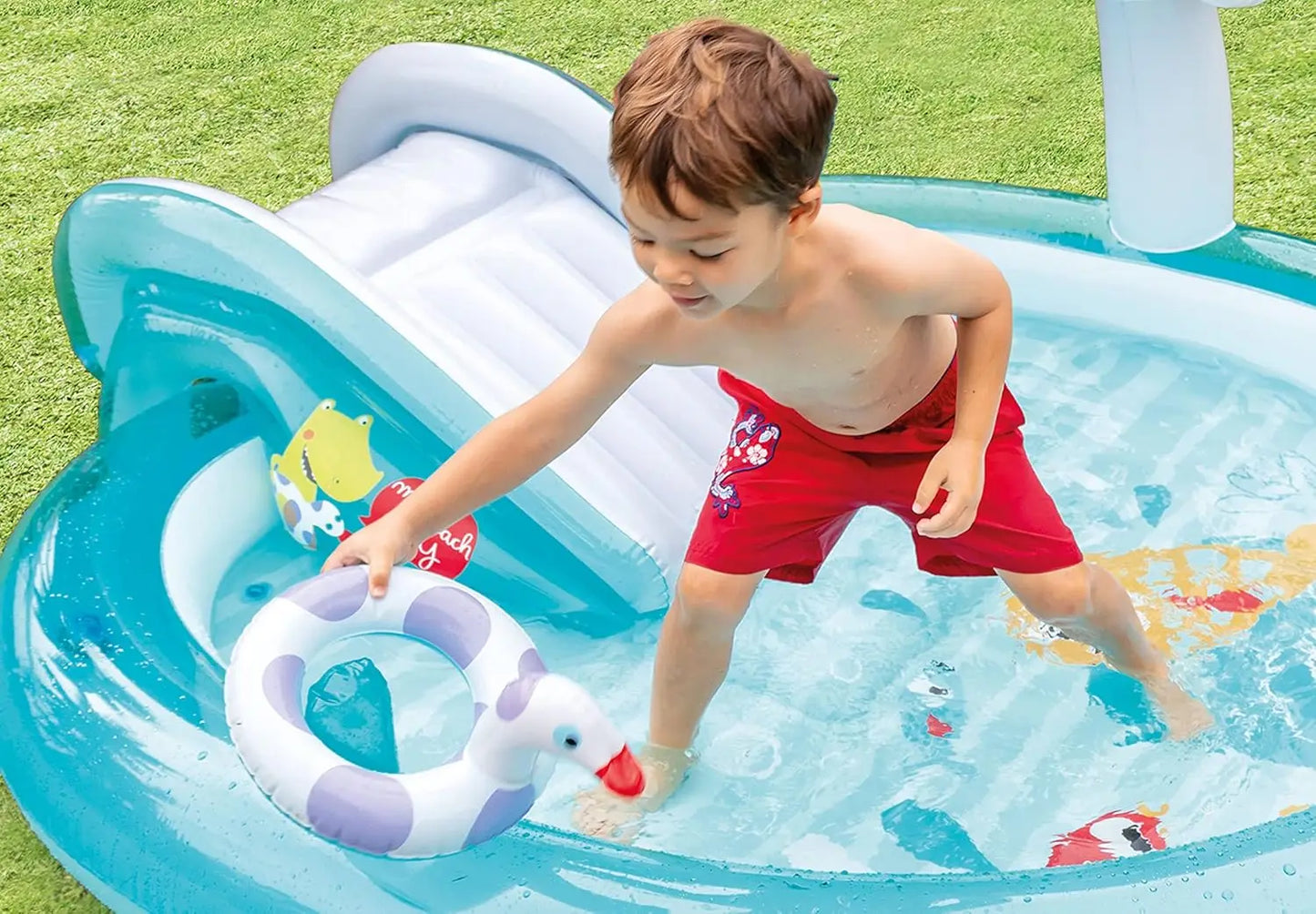 Outdoor Inflatable Kiddie Pool with Slide, Sprinklers & Floatie for Kids Water Play