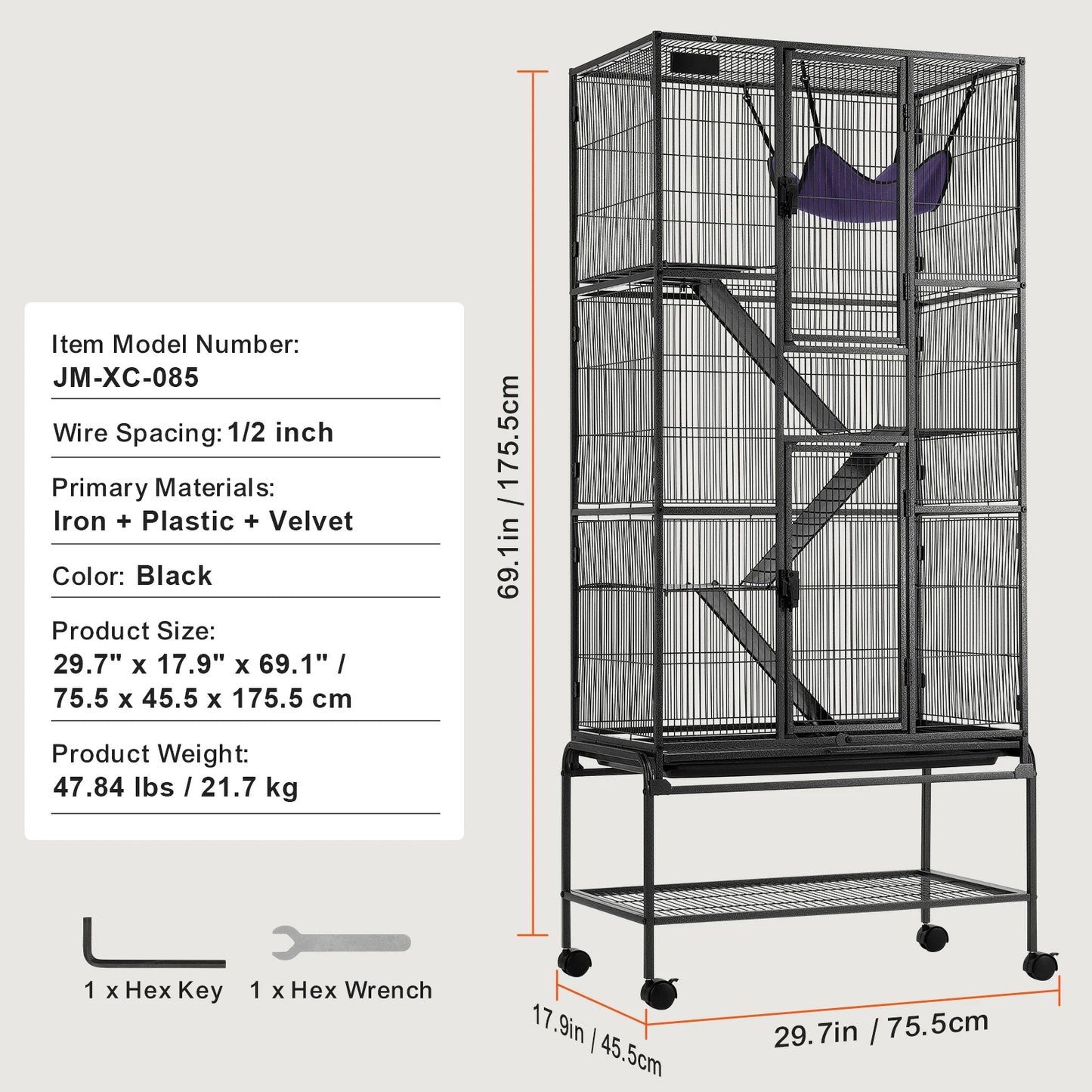 SucceBuy 64.6" Rolling Metal Ferret Cage Large 4-Tier Cage Small Animal Cage for Pet Rats Hamster Guinea