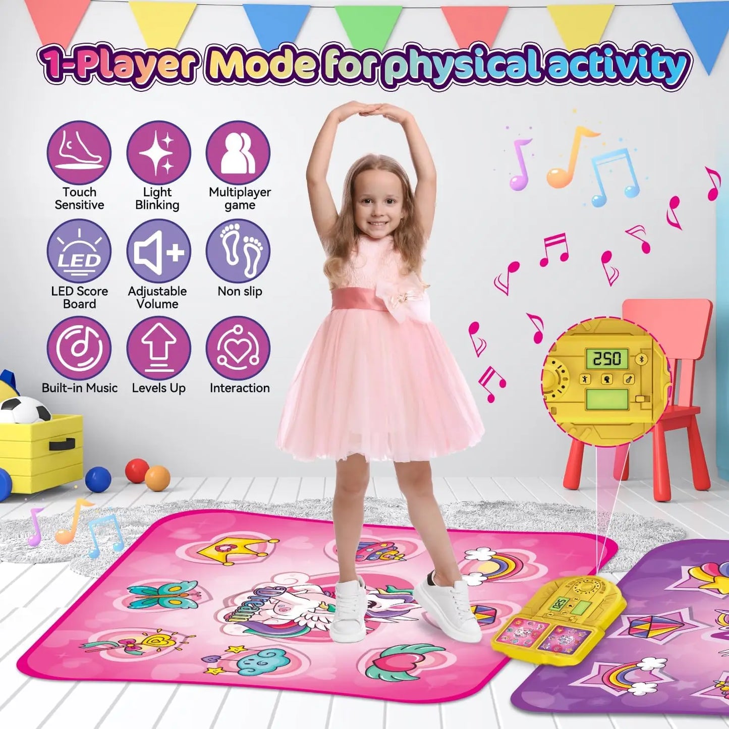 VATOS Unicorn Dance Mat x2 Toys for Girls 9-Level Dancing Game Indoor Outdoor Music Play Mat Christmas Gifts for Kids Ages 3+