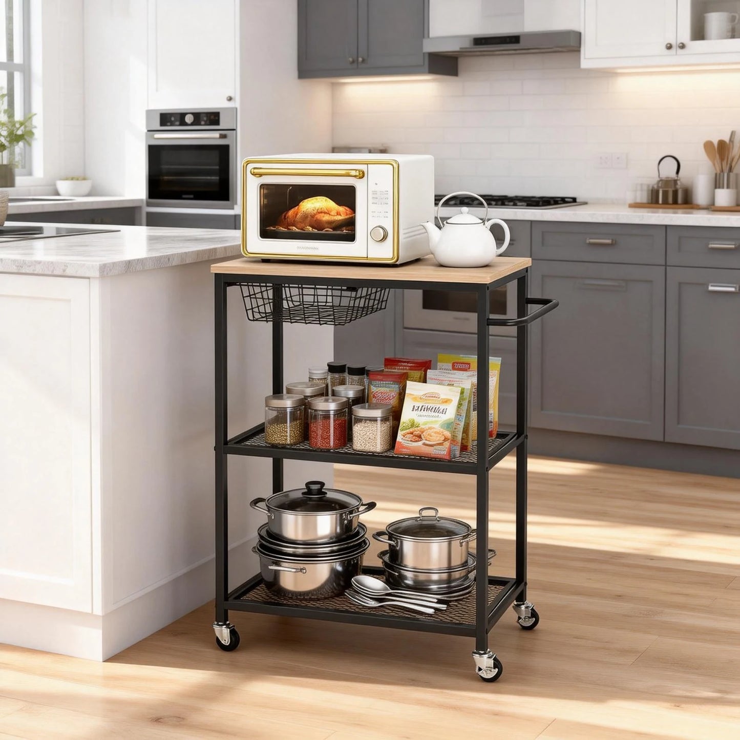 Microwave Kitchen Storage Cart with Push Handle 3 Tier Rolling Cart with 2 Lockable Wheels for Kitchen Island Dining Room